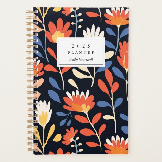 明るいオレンジの花のパターパーソナライズされたン2025 プランナー手帳 (正面)