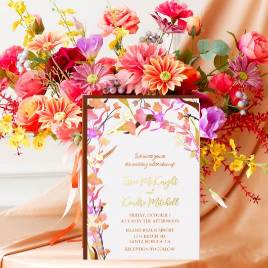 明るいオレンジボヘミアンワイルドフラワー 箔招待状