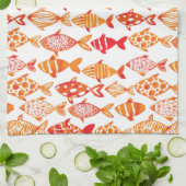 明るいオレンジ水彩画の魚パターン キッチンタオル (折り畳み)