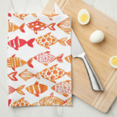 明るいオレンジ水彩画の魚パターン キッチンタオル (四つ折り)