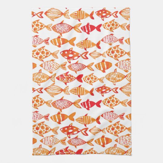 明るいオレンジ水彩画の魚パターン キッチンタオル (縦)