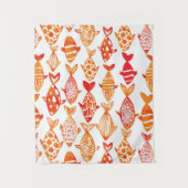 明るいオレンジ水彩画の魚パターン タペストリー (正面)