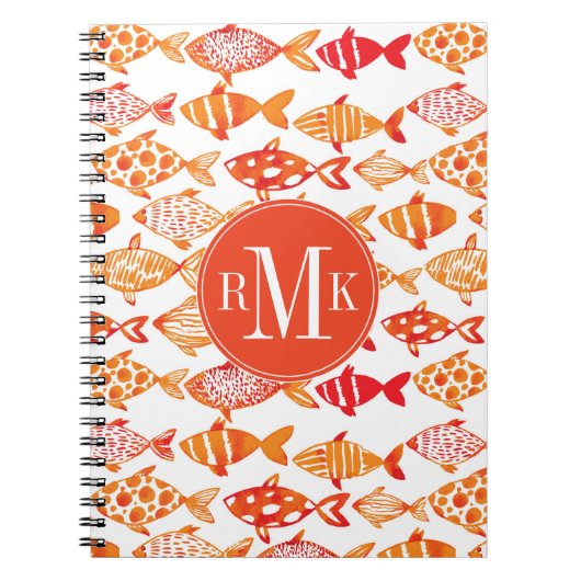 明るいオレンジ水彩画の魚パターン ノートブック (正面)
