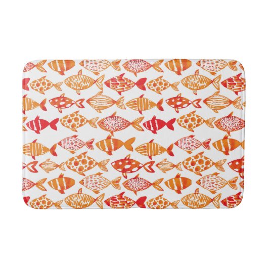 明るいオレンジ水彩画の魚パターン バスマット (正面)