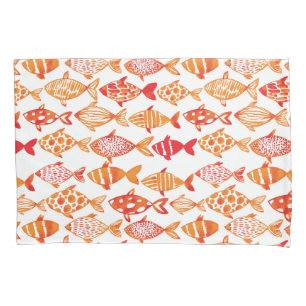 明るいオレンジ水彩画の魚パターン 枕カバー