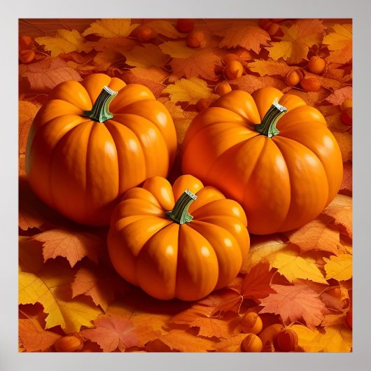 明るいオレンジ色のカボチャと紅葉 ポスター (正面)