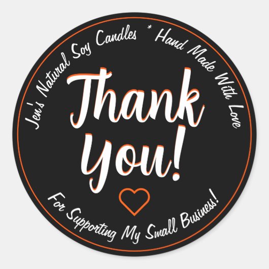 明るいオレンジ色のネオンブラックありがとう製品ラベル ラウンドシール (正面)