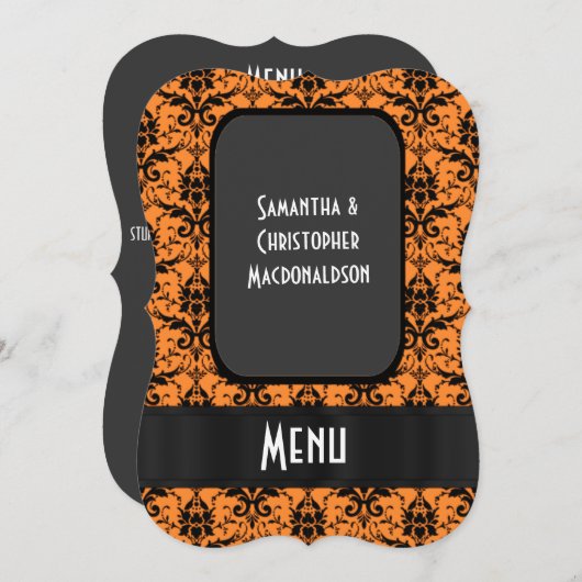 明るいオレンジ色のフォーマルダマスク結婚のメニュー メニュー (正面/裏面)