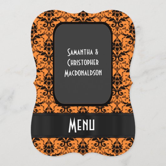 明るいオレンジ色のフォーマルダマスク結婚のメニュー メニュー (正面)