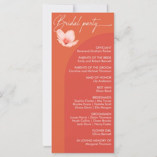 明るいオレンジ色のベローナの日没のアーチ式結婚式プログラム (裏面)