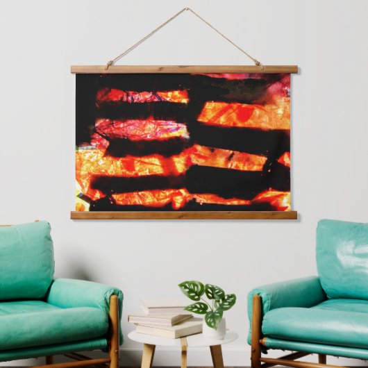 明るいオレンジ色の木材トップウォールタペストリー、ストリップ 吊り下げ型タペストリー (リビング)