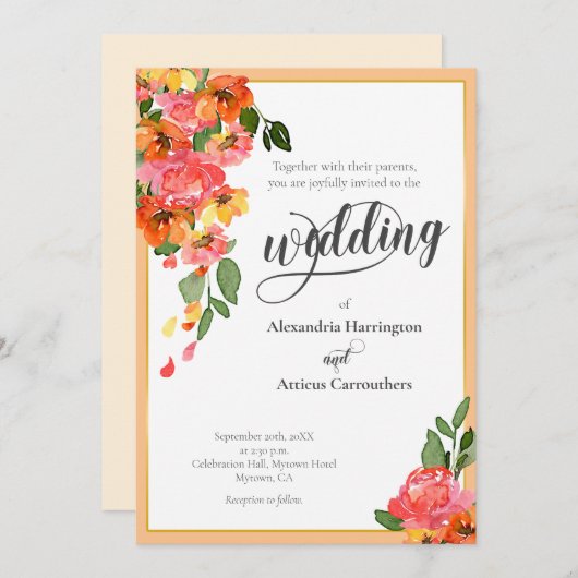 明るいオレンジ色の水色フローラ 招待状 (正面/裏面)