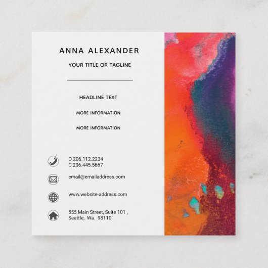 明るいオレンジ色の紫の抽象芸術水色 スクエア名刺 (裏面)