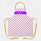 明るいオレンジ色の紫の水玉模様パターンのキッチン エプロン (正面)