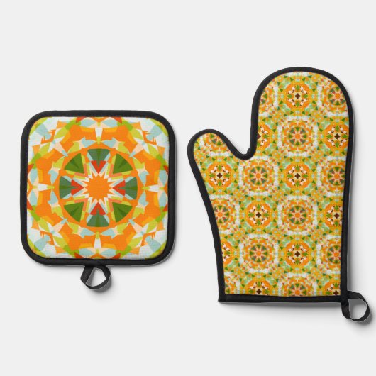 明るいオレンジ色の緑の星ドーパミンデコールキッチン 鍋つかみ&鍋敷きセット (正面)