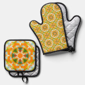 明るいオレンジ色の緑の星ドーパミンデコールキッチン 鍋つかみ&鍋敷きセット (正面/裏面)