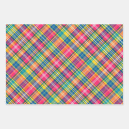 明るいオレンジ、ピンク、ブルー、イエロー&グリーンプレイド ラッピングペーパーシート