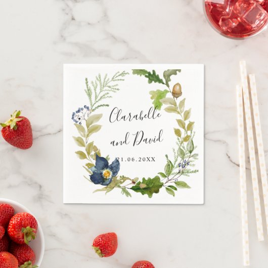 明るいオークと青結婚の花パーソナライズされた スタンダードカクテルナプキン (インサイチュ)