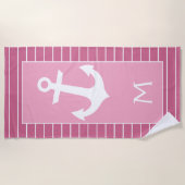 明るいカスタムピンクに白いボストライプートのいかり ビーチタオル (正面)