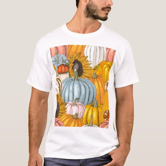 明るいカボチャ、ひまわり、手描きパターン。 Tシャツ (正面)
