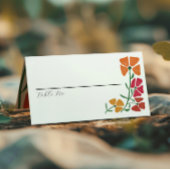明るいカラフルとピンクとオレンジのフローラ結婚の プレイスカード