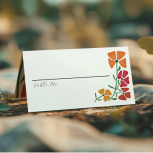 明るいカラフルとピンクとオレンジのフローラ結婚の プレイスカード