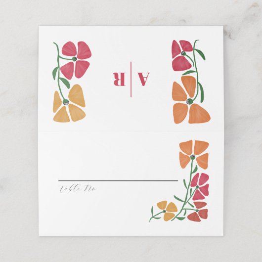 明るいカラフルとピンクとオレンジのフローラ結婚の プレイスカード (外部開封)