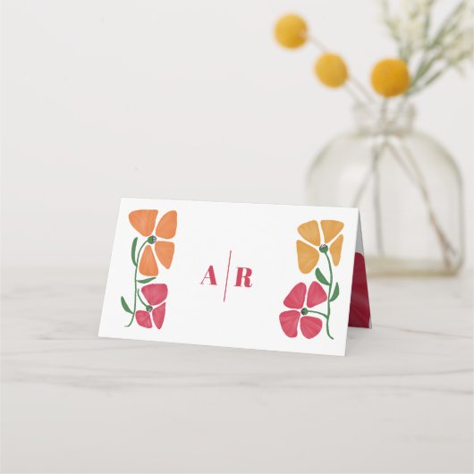 明るいカラフルとピンクとオレンジのフローラ結婚の プレイスカード (裏面)