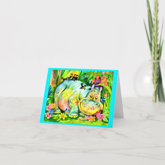 明るいカラフルなカバの誕生日パーティー 招待状 (正面)