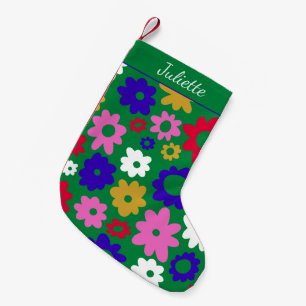 明るいカラフルなスカンジナビアの花 グリーン カスタム スモールクリスマスストッキング