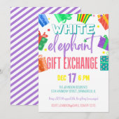 明るいカラフルなホワイトエレファントギフト交換パーティー 招待状 (正面/裏面)