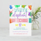 明るいカラフルなホワイトエレファント ギフト交換パーティー 招待状 (スタンド正面)