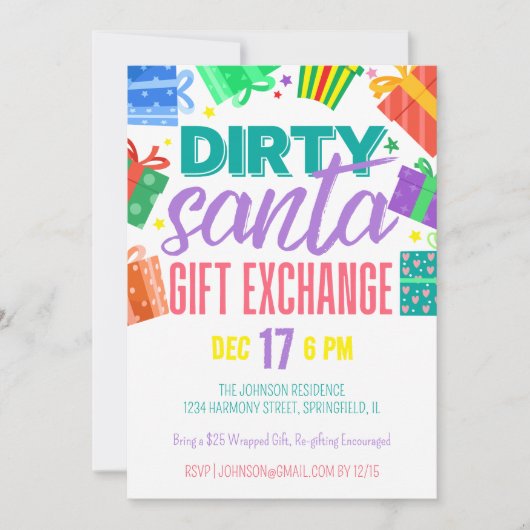 明るいカラフルな汚れたサンタのプレゼント交換パーティー 招待状 (正面)
