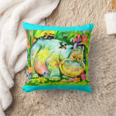 明るいカラフルのカバと鳥 クッション (ブランケット)