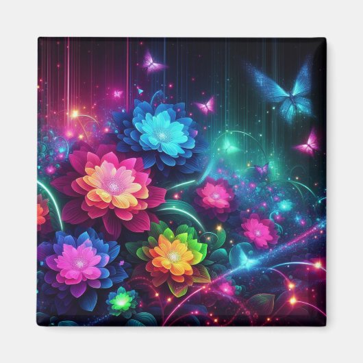 明るいカラフルのネオンの花/蝶 マグネット (正面)
