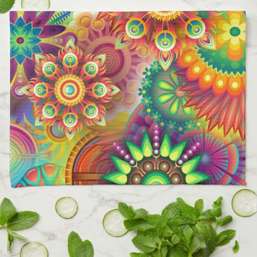 明るいカラフルの抽象芸術の花模様 キッチンタオル (折り畳み)