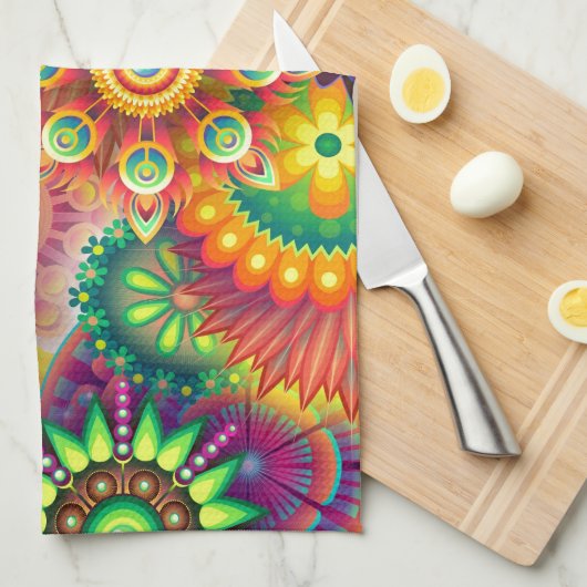 明るいカラフルの抽象芸術の花模様 キッチンタオル (四つ折り)