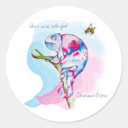 明るいカラフルの水の色カメレオンとビー。 ラウンドシール (正面)