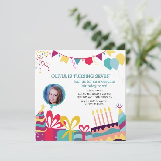 明るいカラフルカスタムフォトバースデーパーティー 招待状 (スタンド正面)