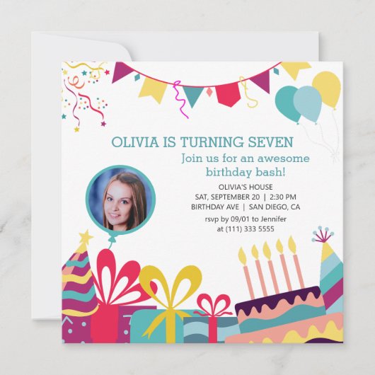 明るいカラフルカスタムフォトバースデーパーティー 招待状 (正面)