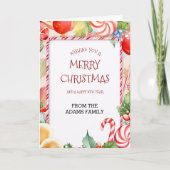 明るいカラフルキャンディーとオレンジのクリスマス カード (正面)