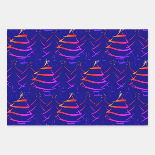 明るいカラフルクリスマスツリースタースノーフレークネイビー ラッピングペーパーシート (正面)