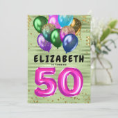 明るいカラフルグリッターバルーン50誕生日 招待状 (スタンド正面)