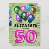 明るいカラフルグリッターバルーン50誕生日 招待状 (正面/裏面)
