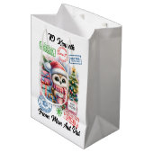 明るいカラフルサンタフクロウ付きホリデーサック ミディアムペーパーバッグ (正面アングル)