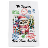 明るいカラフルサンタフクロウ付きホリデーサック ミディアムペーパーバッグ (正面)