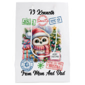 明るいカラフルサンタフクロウ付きホリデーサック ミディアムペーパーバッグ (裏面)