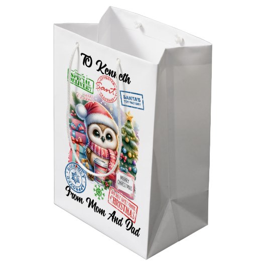 明るいカラフルサンタフクロウ付きホリデーサック ミディアムペーパーバッグ (裏面アングル)