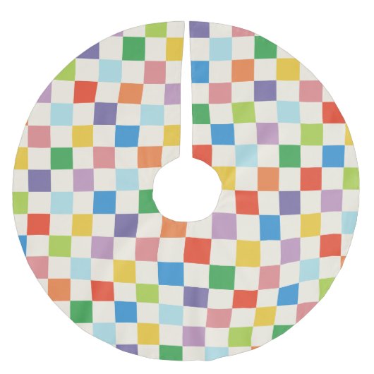 明るいカラフルチェッカーボパターン（の模様が）あるード ブラッシュドポリエステルツリースカート (正面)