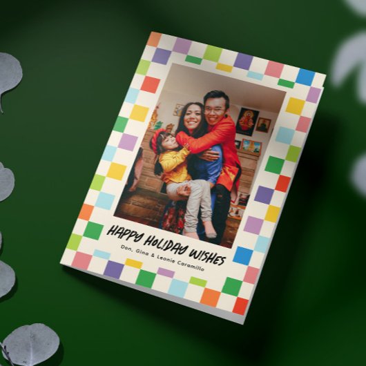 明るいカラフルチェッカーボード折り畳みフォトホリデー カード